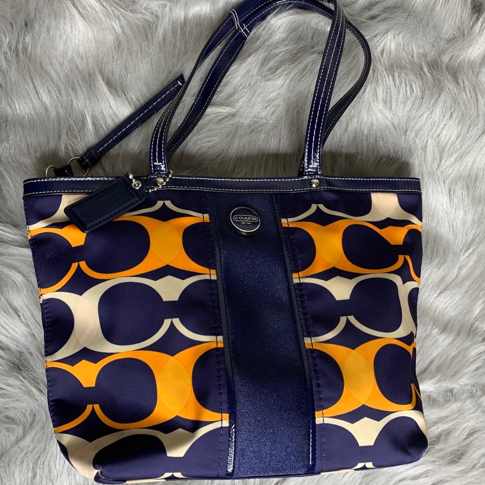 COACH Blue & Orange F23908 Linear Sig Stripe Tote
